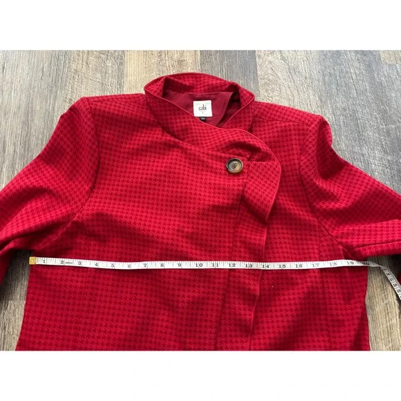 Cabi Red Houndstooth Topper Coat Asymmetrical Ruffle Front Jacket 3546 Womens L - Picture 4 of 6